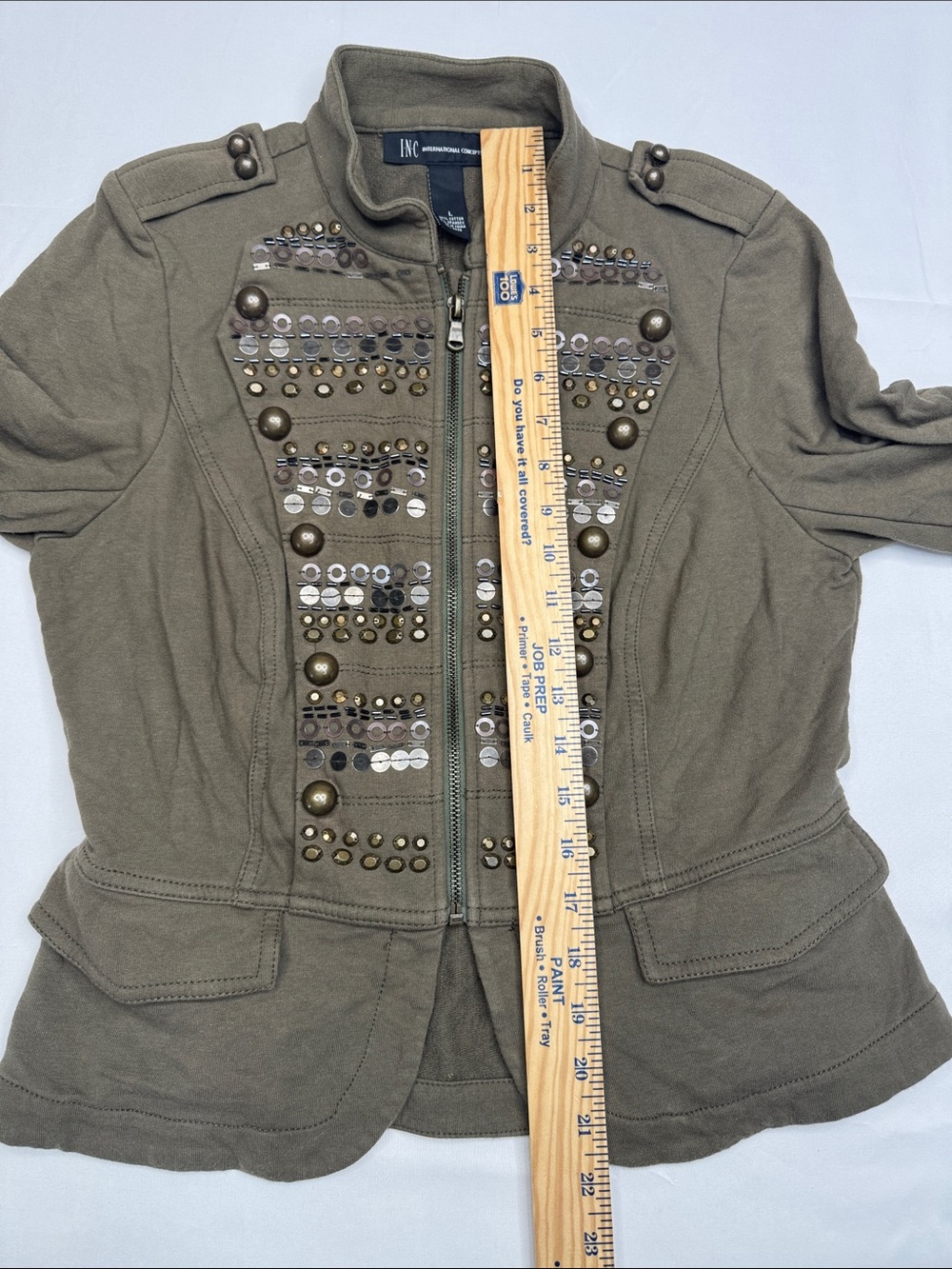 INC International Concepts Olive Green Military Style Jacket Embellished Size L - Picture 5 of 6